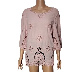 Lapis Top Womens Size Medium‎ Boho Floral Embroidered Pink Cottage Gauzy Peasant